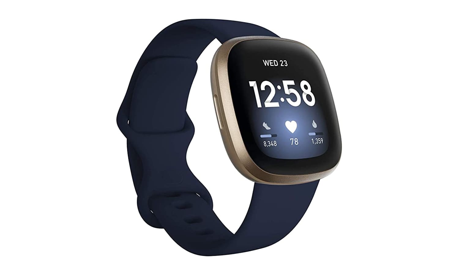 Fitbit Versa 3 in Midnight/Soft Gold.