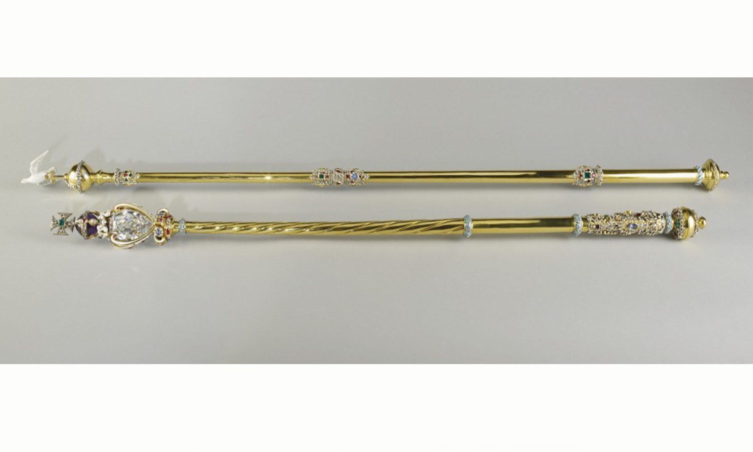 Two soverign sceptres of the British Royal Family featuring the Cullinan I diamond