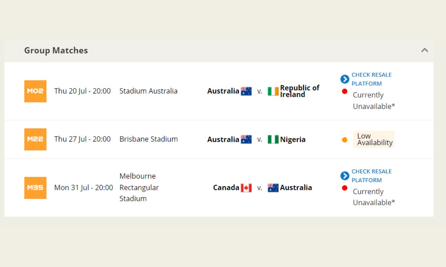 An image showing the FIFA Official ticket site for the Matilda's Australia games at the 2023 FIFA Women's World Cup.