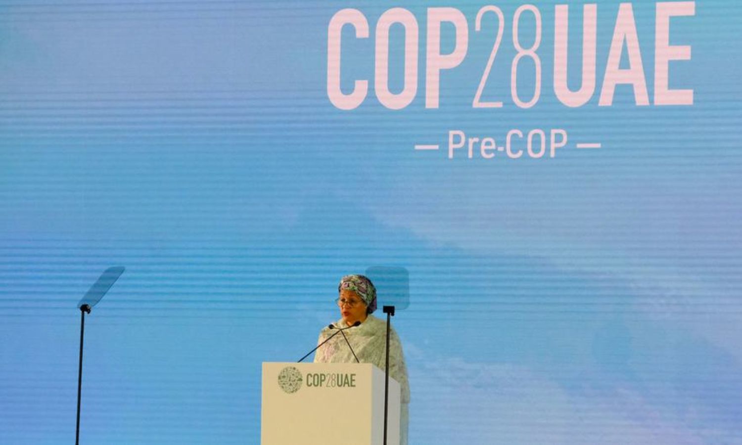 UN Deputy Secretary-General Amina Mohammed addresses the preparatory meeting ahead of the UN climate conference (COP28) in Abu Dhabi, United Arab Emirates.