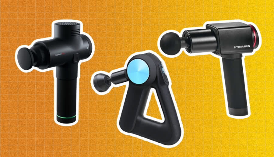 The Hypervolt PLUS, Theragun Elite and Hydragun massage guns.