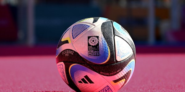 An image of an official match ball on the unity pitch in Brisbane to illustrate the 2023 fifa womens world cup.