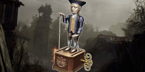 An image showing a clockwork castellan against a Resident Evil 4 backdrop.