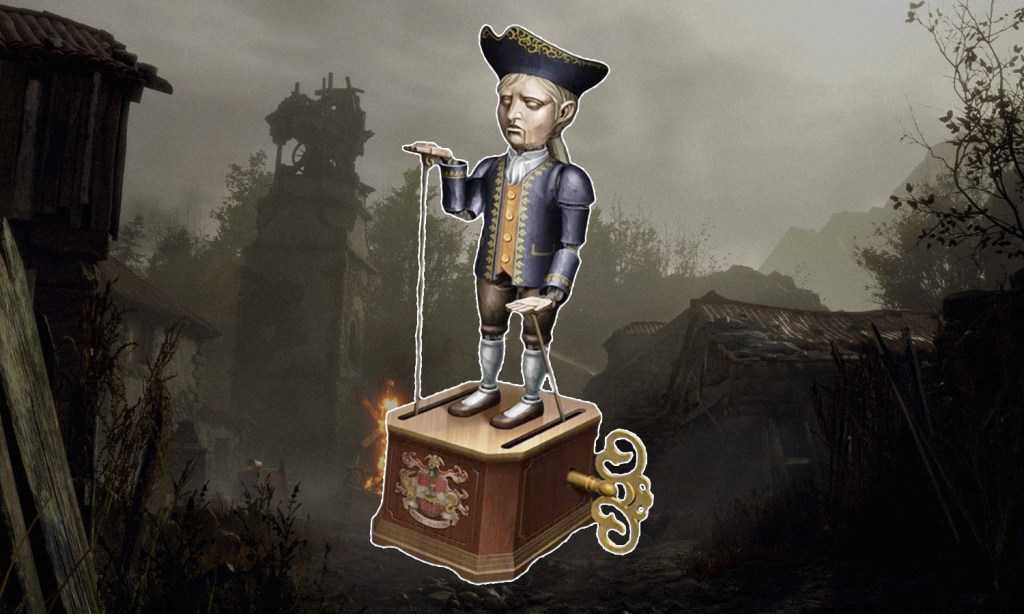 An image showing a clockwork castellan against a Resident Evil 4 backdrop.