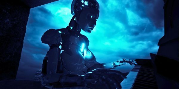 An image of an AI robot playing a piano to illustrate Stable Audio