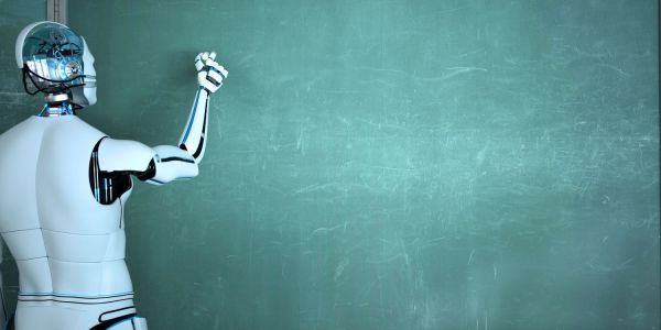 A robot writing on a school blackboard to illustrate AI in schools