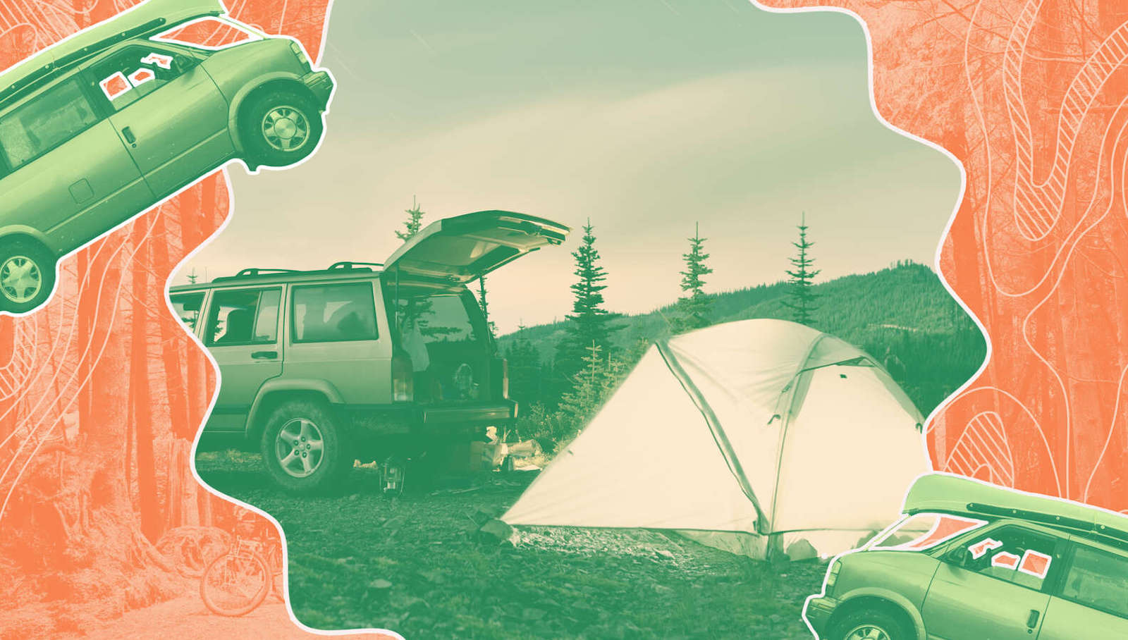 car camping rv campervan green on orange background